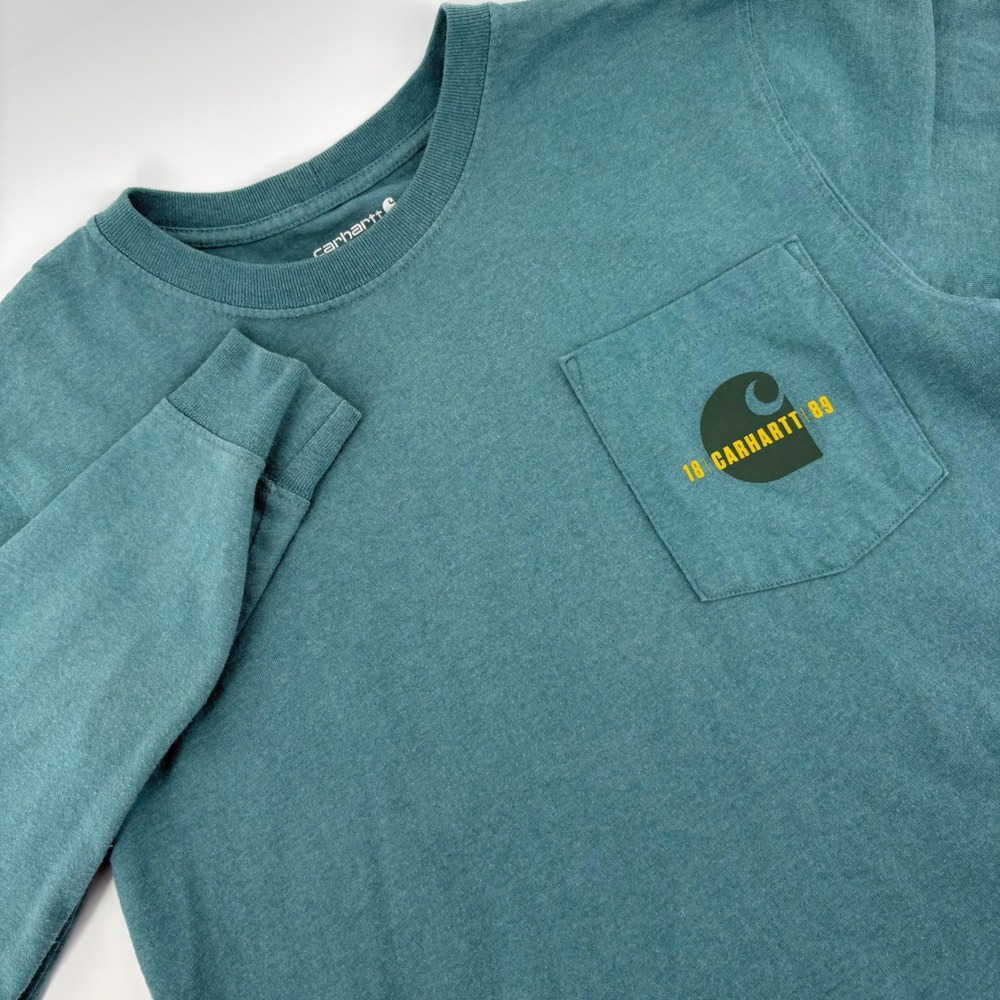 Mens Carhartt 1889 Graphic Pocket Long Sleeve‎ T-Shirt Relaxed Fit Teal Small